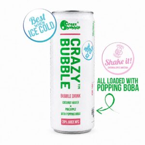 White can labeled Crazy Bubble coconut water + pineapple with popping boba; 'Best when ice cold' badge on the can edge.