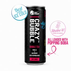 Can of Crazy Bubble Bubble Tea (Pomelo × Raspberry with popping boba) with 'Best when ice cold' badge on the left and 'Shake it' graphic nearby.