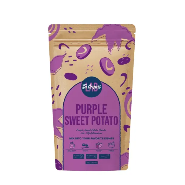 Bag of purple sweet potato powder with bold purple label reading 'Purple Sweet Potato' and decorative purple shapes on a natural kraft background