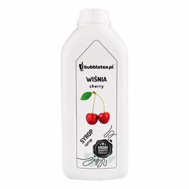 White plastic bottle of cherry-flavored syrup for bubble tea, labeled 'WIŚNIA cherry' with a cherry illustration on the front.