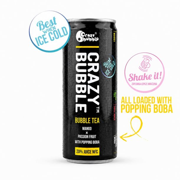 Can of Crazy Bubble Bubble Tea in Mango x Passion Fruit flavor with popping boba, featuring 'Best when Ice Cold' badge.