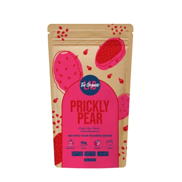 Front of a kraft paper pouch labeled 'Prickly Pear' with bright pink cactus graphics and a blue circular 'The Organic' logo, product packaging image.