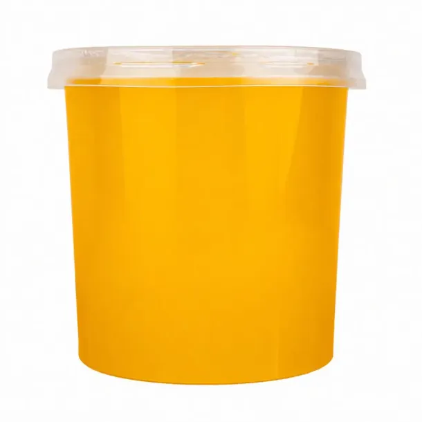 Yellow plastic container with a clear snap-on lid, resembling a disposable cup or tub