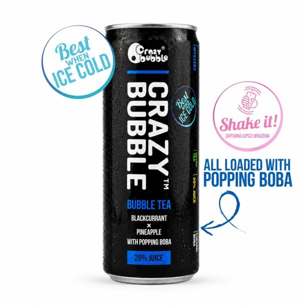 Can of Crazy Bubble Bubble Tea—Blackcurrant & Pineapple with popping boba; 'Best when ice cold' label visible.