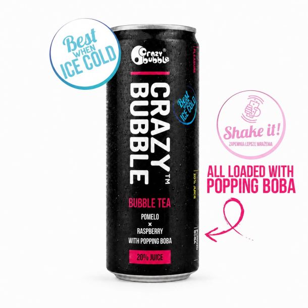Can of Crazy Bubble Bubble Tea (Pomelo × Raspberry with popping boba) with 'Best when ice cold' badge on the left and 'Shake it' graphic nearby.