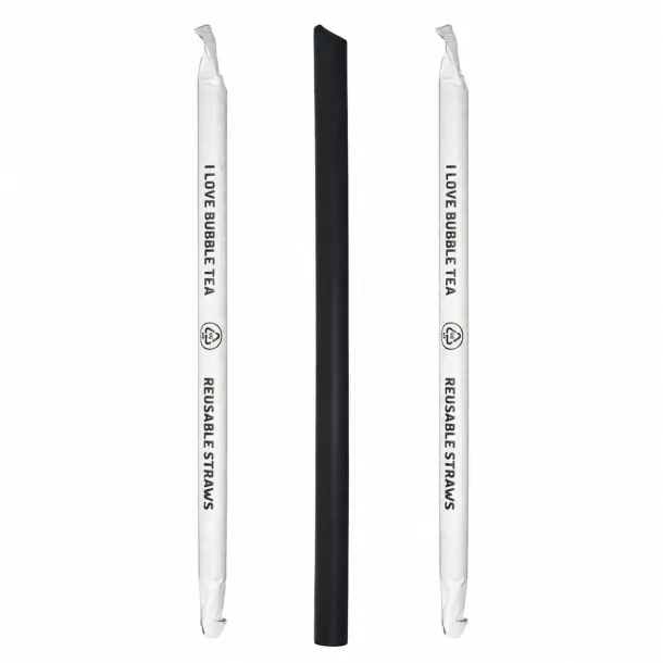 Two white wrapped straws with 'I LOVE BUBBLE TEA' flank a central black reusable straw.